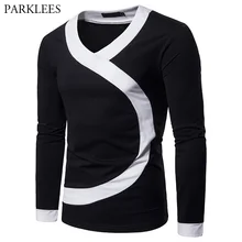 Mens Hipster Classic V Neck T-shirt Autumn New Slim Fit Long Sleeve T Shirt Men Casual Brand Tops Tees Camiseta Masculina
