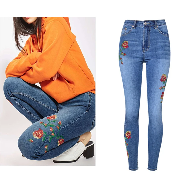 2017 European and American women's high waist elastic front and rear side of the cross embroidery roses washed cat to be cowboy pants pants pants (3)