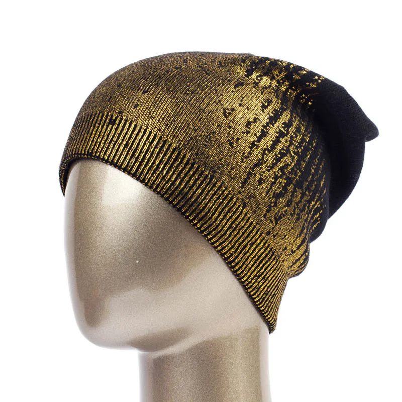 Geebro Женская Бронзовая шапка бини Весенняя кашемировая вязаная шапочка для женщин Дамская популярная Серебристая громоздкая шапочка шапка DQ181B - Цвет: Black Gold