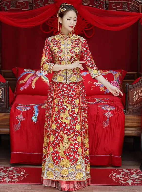 women dress 3 Дракон платье невесты торжественное платье костюм в китайском стиле феникс Ципао вечернее платье show Одежда Тонкий Стиль для свадьбы - Цвет: women dress 3