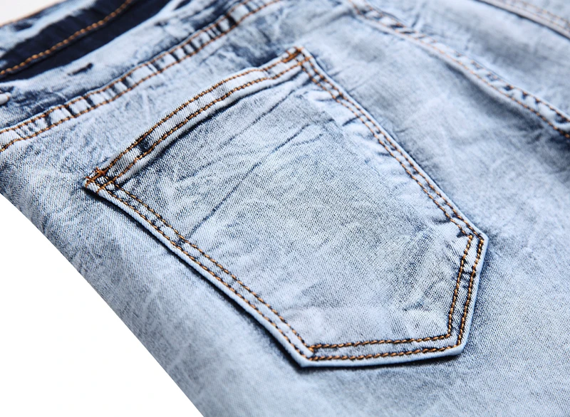 На молнии стрейч для мужчин Slim fit колено плиссированные строчки прямые джинсы брюки уличная рваные мотоциклетные хип хоп байкерские джинсы