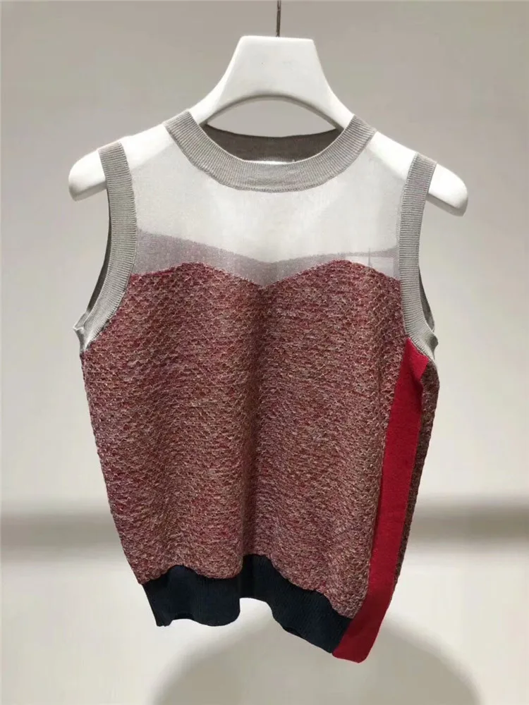 Fashion Vest Tops Women Tanks Autumn New Micro-transparent Patchwork Sleeveless O Neck Knitted Tank Outwear