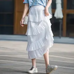 Для женщин длинная хлопчатобумажная юбка рюшами повседневное Винтаж белые летние юбки s Высокая талия длинная юбка торт хлопковая для 2019
