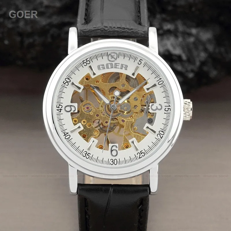 

Fashion Round Skeleton Men Business Leather Band Dress Mechanical Hand Wind Watch