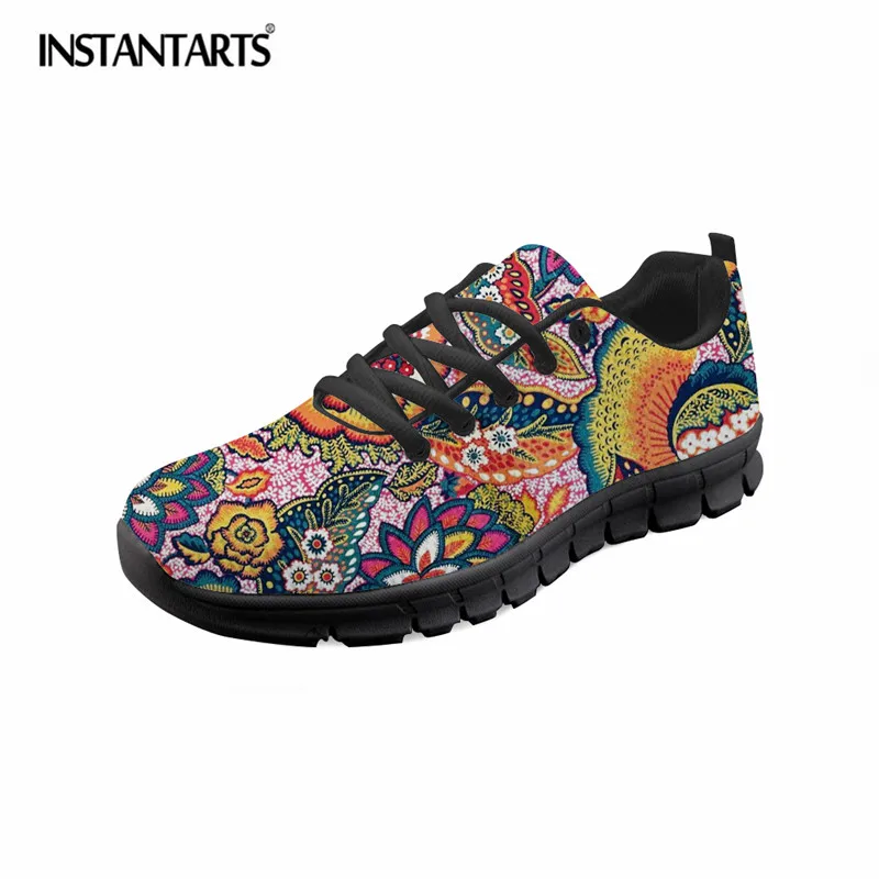 

INSTANTARTS Bohemian Style Women Casual Flat Shoes Comfortable Lace Up Sneaker Shoes for Girl Lady Fashion Breathable Mesh Shoes