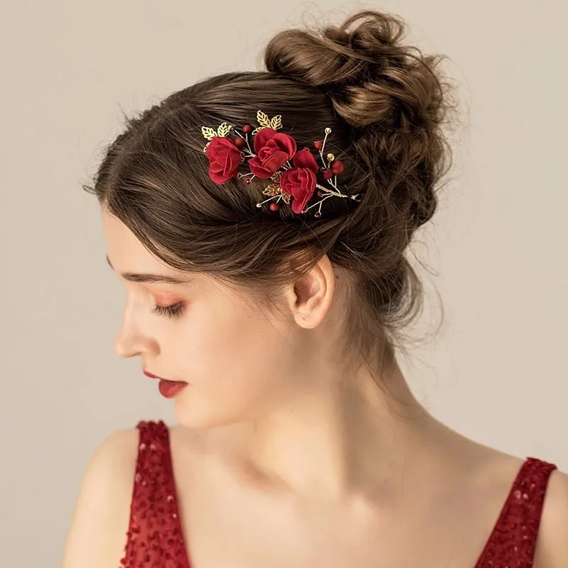 

Classic Red Flowers Pearl Hair Jewelry Clips Wedding Hair Accessories Handmade Bridal Hairpins Headpieces