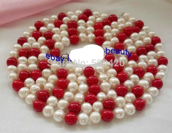 

Free Shipping >>stunning long 8mm round white freshwater pearls red coral necklace 50