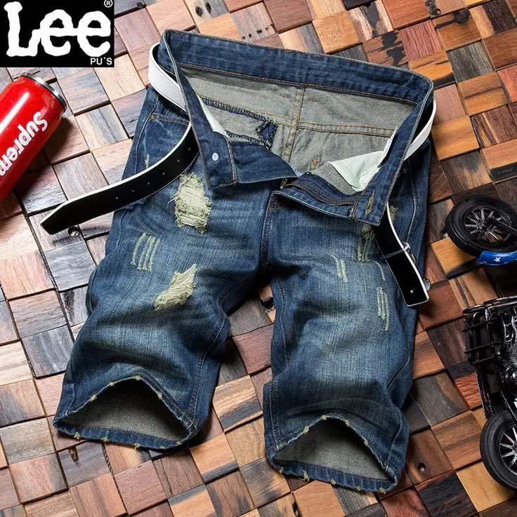 2016 Shorts Men Fashion Casual Mens Jean Shorts Cotton Straight Ripped Cropped Capris Shorts Bermuda Homme