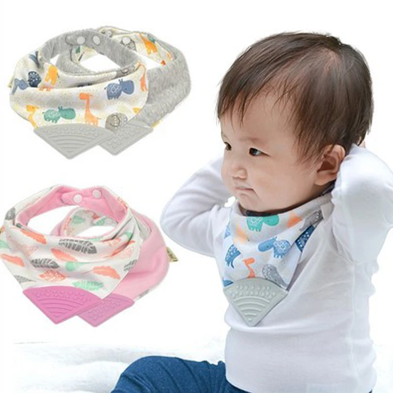 

New Cotton Cartoon Dinosaur Baby Bibs With Teether Hot Infant Feeding Cloth Girls Boys Saliva Towel Scarf Triangle Bib Teether