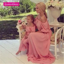 2016 Summer Mother Daughter Dresses Bohemian Beach Family Matching Clothes Off Shoulder Chiffon Long Dress Family Fitted