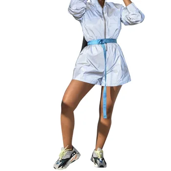 

High Street Reflective Sexy Zipper Long Sleeve Shorts Bodysuit Playsuit Casual Belted Gray Women Jumpsuit Sexy Shorts Rompers