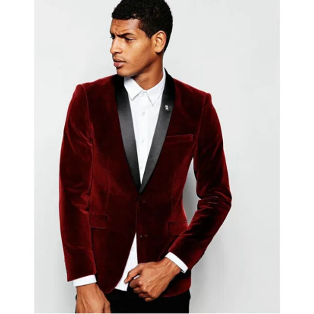 Borgoña terciopelo mens Trajes con etiqueta negro slim fit