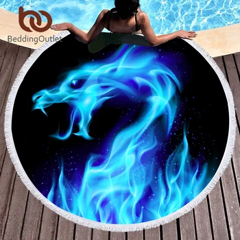 

BeddingOutlet Blue Fire Large Round Beach Towel for Adults Microfiber 3D Printed Bath Towel Tassels Cool Dragon Yoga Mat 150cm