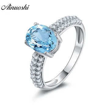 

AINUOSHI 2 Carat Oval Cut Gemstone Natural Blue Topaz Ring Engagement Wedding Ring Rows Drills 925 Sterling Silver Women Jewelry