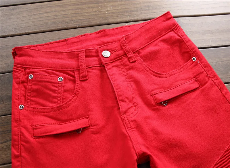 Для мужчин женские Стрейчевые джинсы-скини красные плиссированные юбки потертые прямые мужские джинсы Байкерская Повседневное твердый сезон мужской джинсовые штаны модная одежда