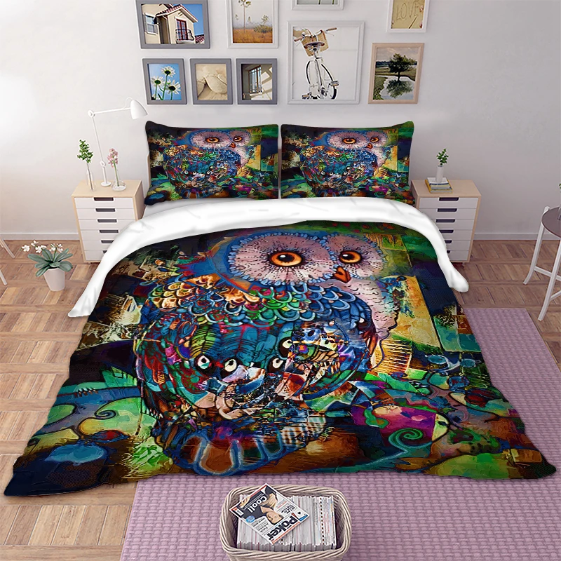 Комплект постельного белья с изображением совы, красочное животное, пододеяльник, пододеяльник, наволочки для подушек, Твин, полный, королева, король, Великобритания, двойной размер, 3D мультяшный покрывало для кровати