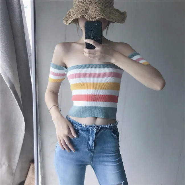 

Jelly Rainbow Striped T Shirt Women Crop Top Knitted Tee Shirt Femme Off Shoulder Sexy Camiseta Feminina Camisa Mujer Petite
