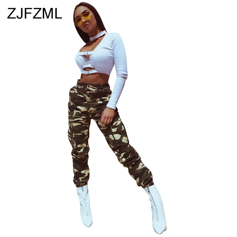 ZJFZML женские модные камуфляжные брюки с высокой талией Pantalon женский брючный костюм длинные спортивные брюки Хлопок Уличная тонкая камуфляжная брюки