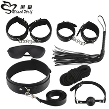 7 Pcs/set Sexy PU Sexual abuse Leather BDSM Sex Bondage Set Hand Cuffs Footcuff Whip Rope Blindfold Erotic Sex Toys For Couples