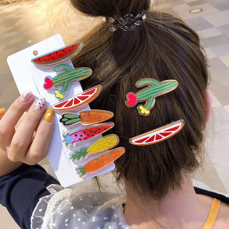 

New Women Fruit Hair Clips Cute Acrylic Vegetable Hairpins Carrot Pineapple Strawberry Hairgrips Girls Fashion Hair Accessories