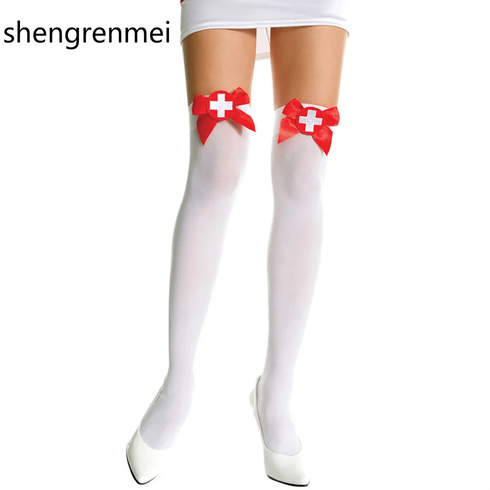 Shengrenmei, сексуальные белые чулки для ролевых игр с красным бантом, эротическое нижнее белье, костюм для косплея - Цвет: White