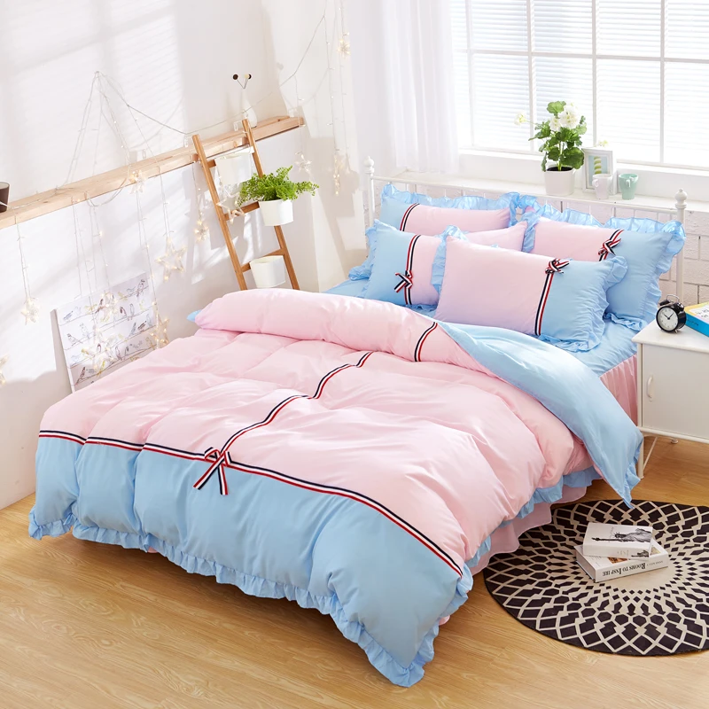 

Korean Princess Style home textile Polyester Fabric Duvet Cover Bed Skirt Set Bow Knot Lace Design Girl/adult Bedding Set queen