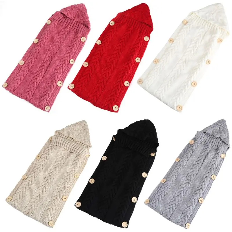 

Newborn Baby Winter Warm Blankets Solid Color Hooded Cap Sweater Button Cable Knitted Sleeping Bag Swaddle Wrap Sleep Sack
