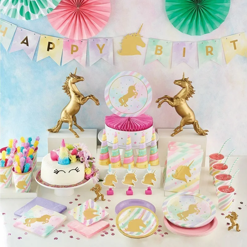 

1 Set Unicorn Party Supplies Kids Birthday Decoration Disposable Tableware Set Paper Plates Cup Banner Baby Shower Girl Decor