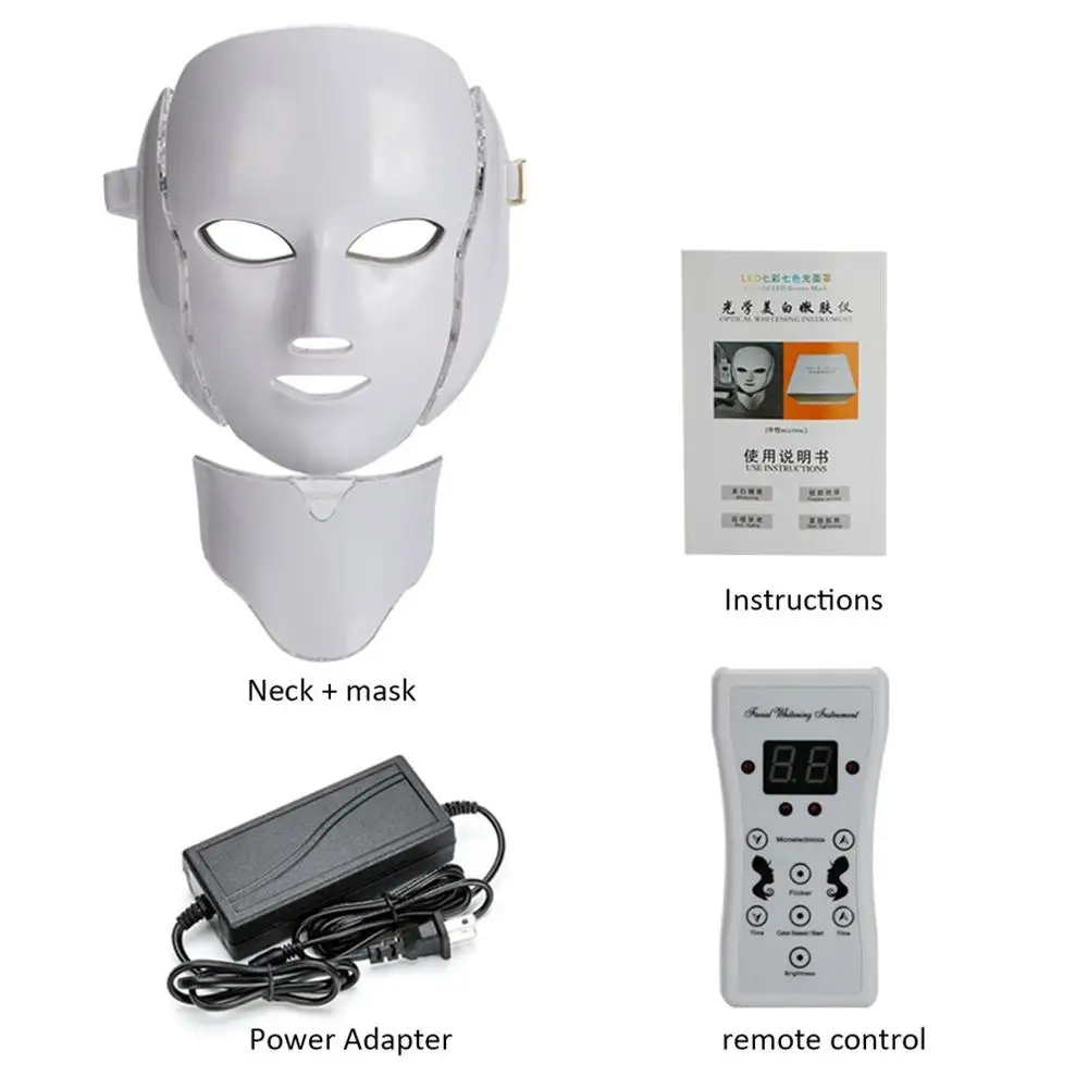 with neck mask 7 цветов светодиодный светильник фотонотерапия маска лечение кожи отбеливающая маска для лица красота уход за кожей маска для лица морщин акне крем для удаления шрамов - Цвет: with neck mask