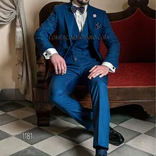 Индивидуальные синий линии жениха Смокинги для женихов для пляжа свадьбы комплект из 3 предметов Slim Fit Мужская Пром Театрализованное Костюмы Жених костюм Блейзер masculino