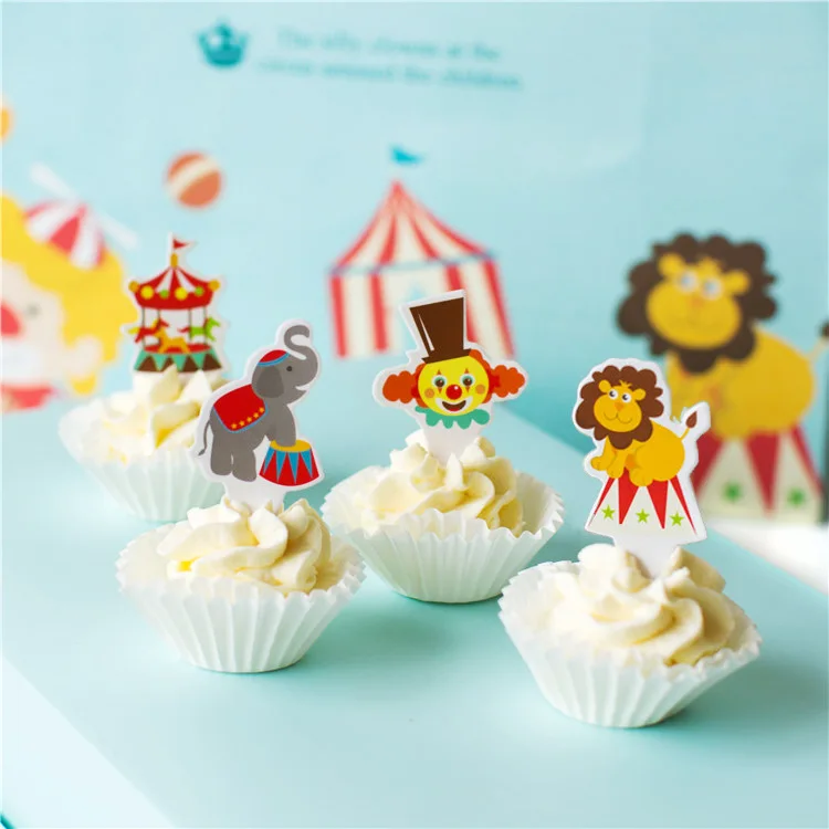 

100pcs Circus Theme Cupcake Toppers Funny Clown Lion elephant Cake Topper for Baby Shower Birthday Christams Party Decoration