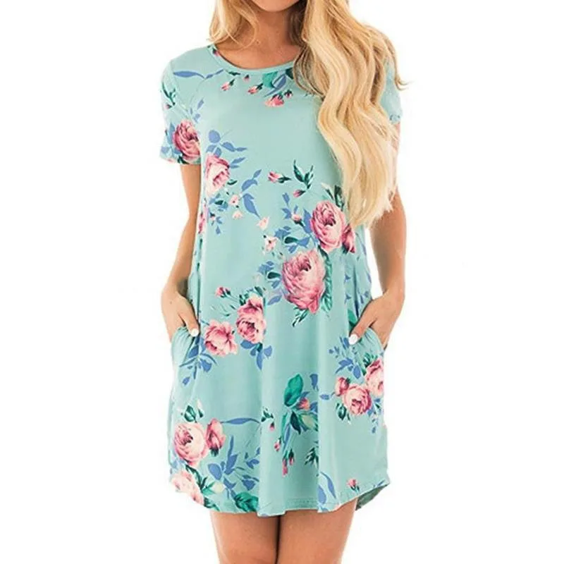 الصيف يا الرقبة المرأة البسيطة اللباس الزهور طباعة قصيرة الأكمام فساتين حزب Vestido Y7