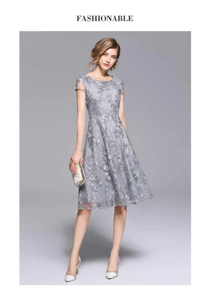 Summer Lace Mesh Embroidery Dress Chiffon Women O-Neck Short Sleeves A-Line Silver Vintage Long Party Elegant Dress Vestidos