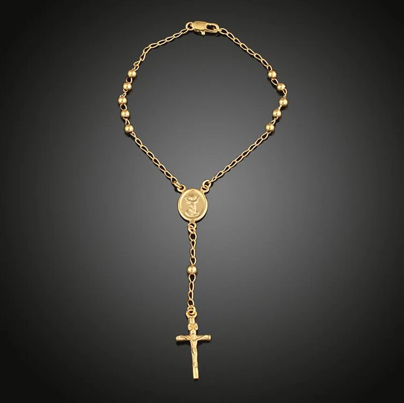 Fashion Gold Color Virgin Mary Round Bead Chain Crosses Bracelet for