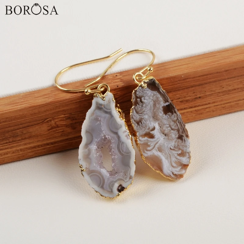 

BOROSA 1pair Freeform Natural Agates Druzy Slice Copper Earrings Drusy Femme Jewelry Dangle Charms Earrings
