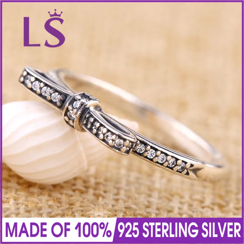 

LS High Quality 100% Real 925 Sterling Silver SPARKLING BOW Ring For Women DIY Fashion Rings 100% Fine Jewelry H