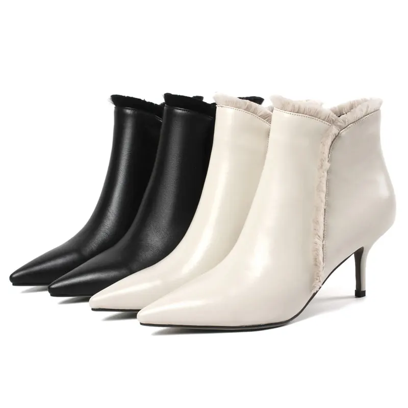 Talons Stilettos Moto Hiver Bottes Pointu Sexy Zipper black Without Cheville Beige Fanyuan Élégant beige With Fur Chaussures Fur Boot Dames Hauts Courts Fur Bout Femme 7wPYZ