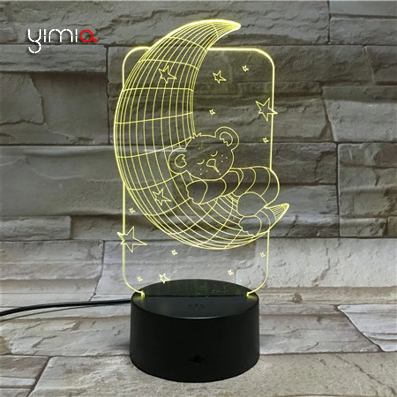 YIMIA 3D Lampe USB LED Sensor Baby Night Light Cuty Star Moon and Sleeping Bear Led Luminaria Children Kids Room Decoration Lamp | Освещение