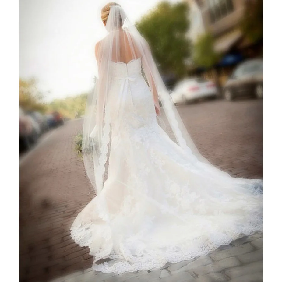 

Voile Mariage Partial Lace Long Bridal Veils with Metal Comb 3M One Layer White Ivory Wedding Veil Bridal Accessories 2019