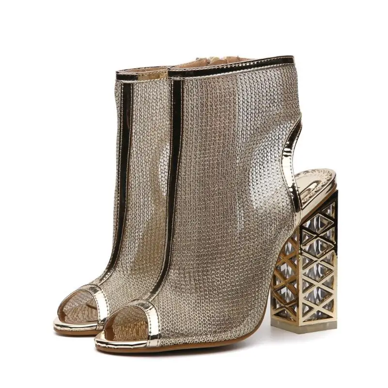 

2019 new type hollow mesh yarn 12cm super high heels crystal thick heel female sandals cool boots European style women's shoes