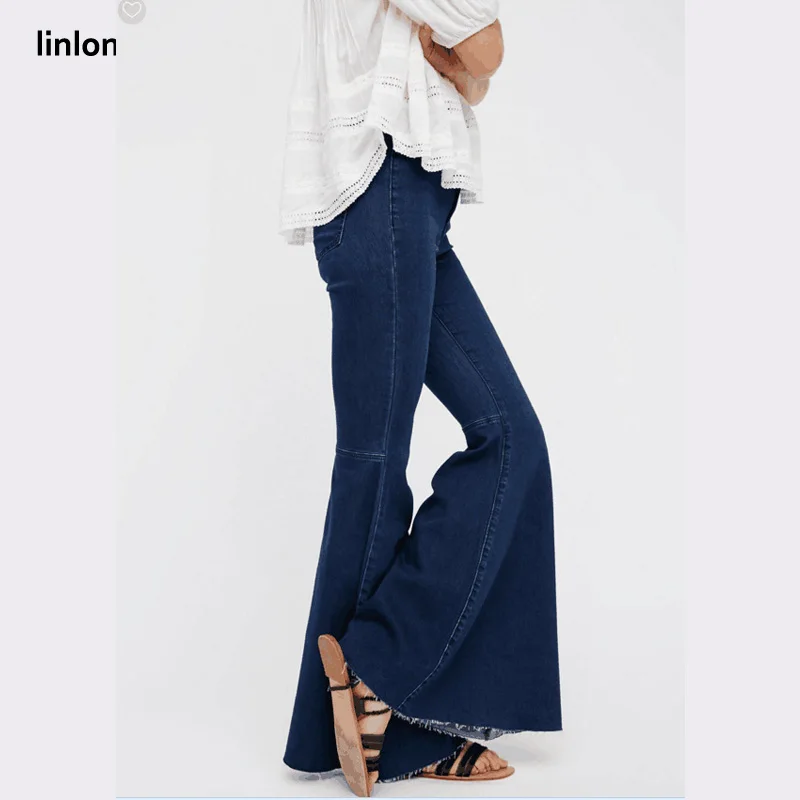 LINLON 2018 New Fashion Full-length Bell-Bottoms flare pants mid-waist light washed regular Spliced Trousers women jeans female |