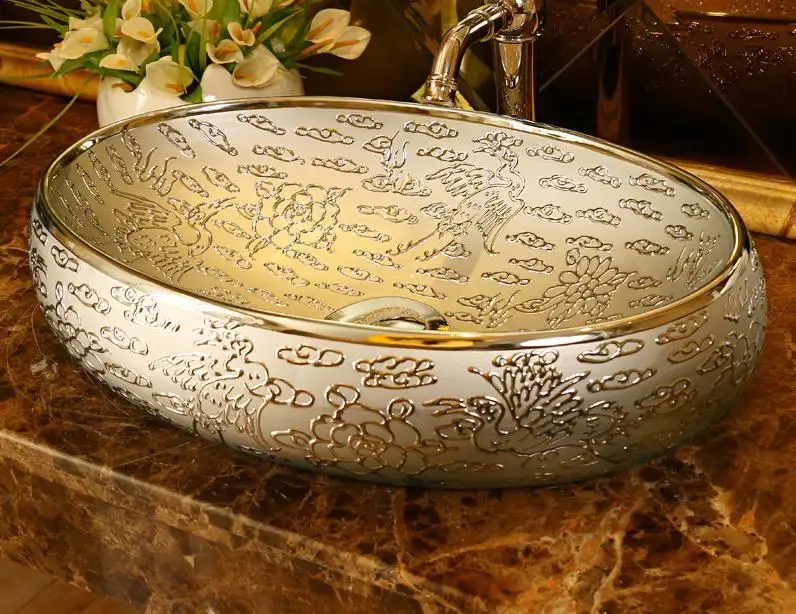 Золотое/серебряное овальное керамическое блюдо с рисунком арт Lavabo Ванная комната сосуд раковины Овальный секундомер Топ умывальник - Цвет: Only Sink