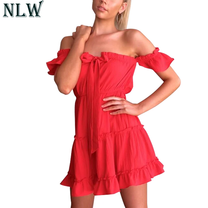 NLW женское красное летнее платье с рюшами Vestidos 2019 открытыми плечами открытой
