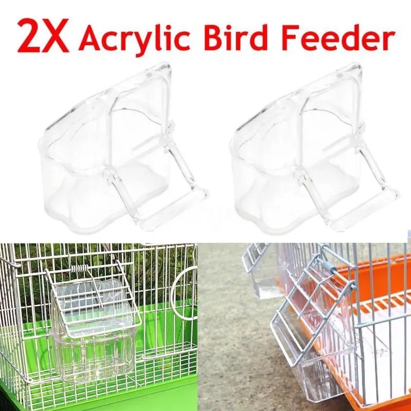 

2pcs Plastic Canary Finches Bird Seed Food Feeder Clear Bowl with Perch Cage