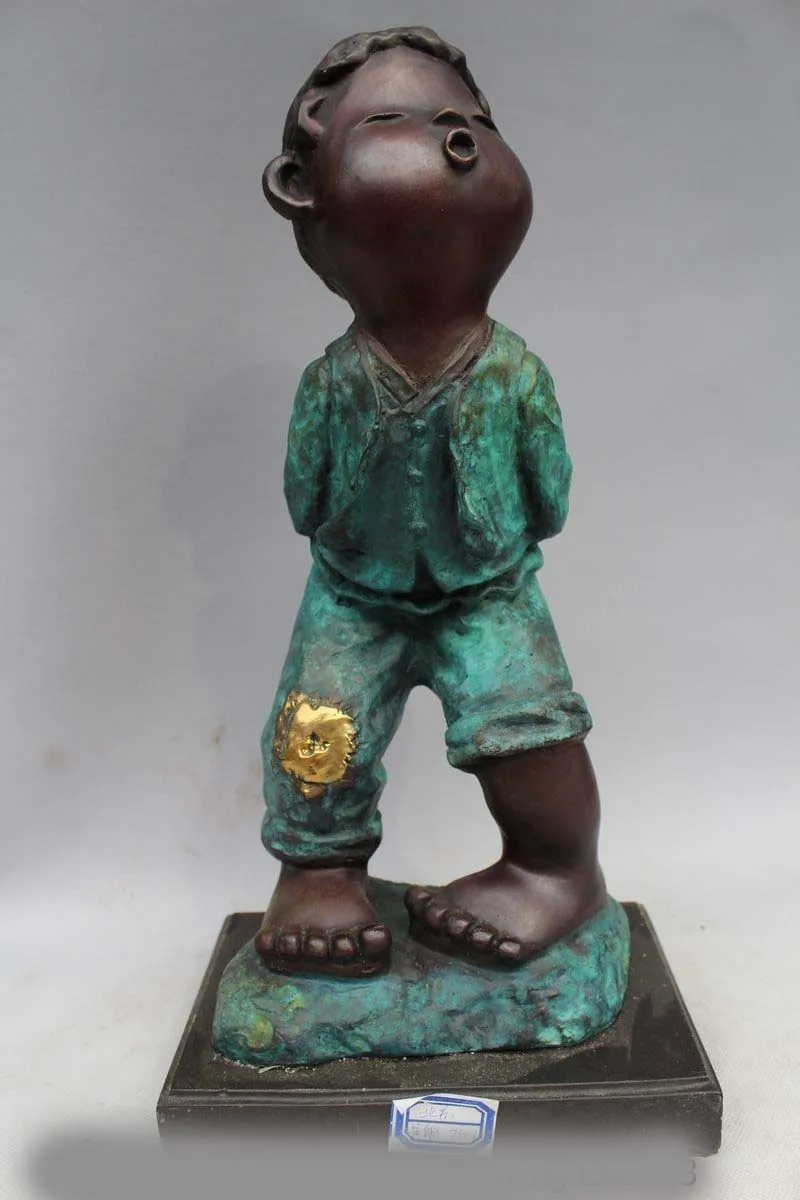 

15"Western Art sculpture Pure Bronze Marble Abstract Folk Boy Statue