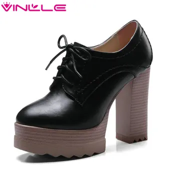 

VINLLE 2020 Punk Women Pumps Pointed Toe PU Leather Lace Up Black Square High Heel Ladies Wedding Shoes Size 34-42