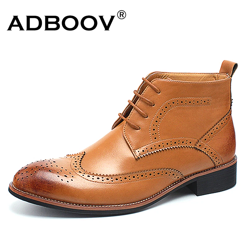 

ADBOOV Fashion Brogue Ankle Boots Men British Style Retro Leather Chukkas Boot Casual Combat Boots Derby Shoes Heel 3.7 CM