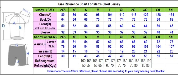 Men Short Jersey Set Size