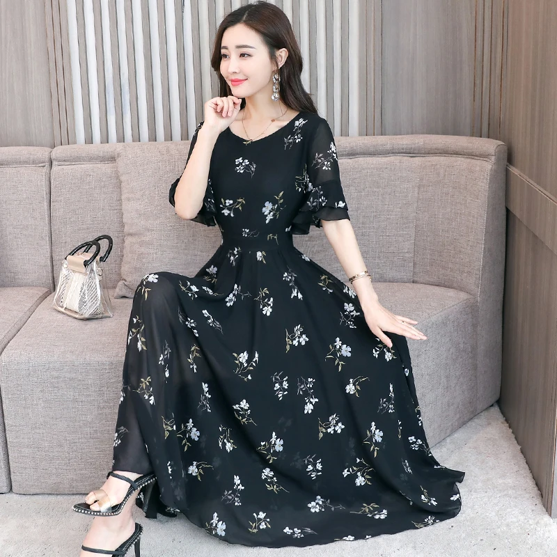 

High Quality 2019 New Arrival Summer New Women's Elegant V-neck Short Sleeve Flower Printed Long Chiffon Dress Plus Size