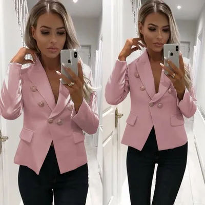 Pink Модная новинка Весна Осень Тонкий Блейзер Куртка женская тонкая двубортная Верхняя одежда Куртка винтажный Женский блейзер уличная - Цвет: Pink